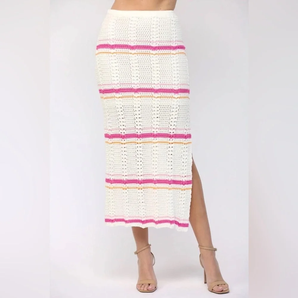 FATE Stripe Crochet Boho Hippie Cream Pink Festival Midi Skirt Size Large NWT - Picture 3 of 8